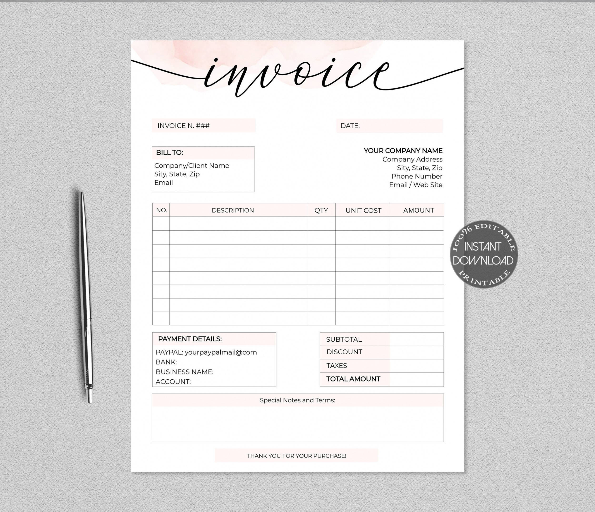 Business Invoice Template Printable Order Form Receipt Bill - Etsy