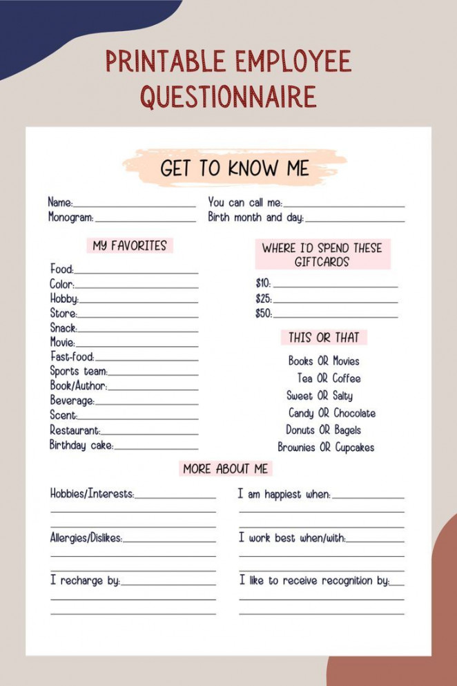 Coworker Questions Printable All About Me Employee - Etsy