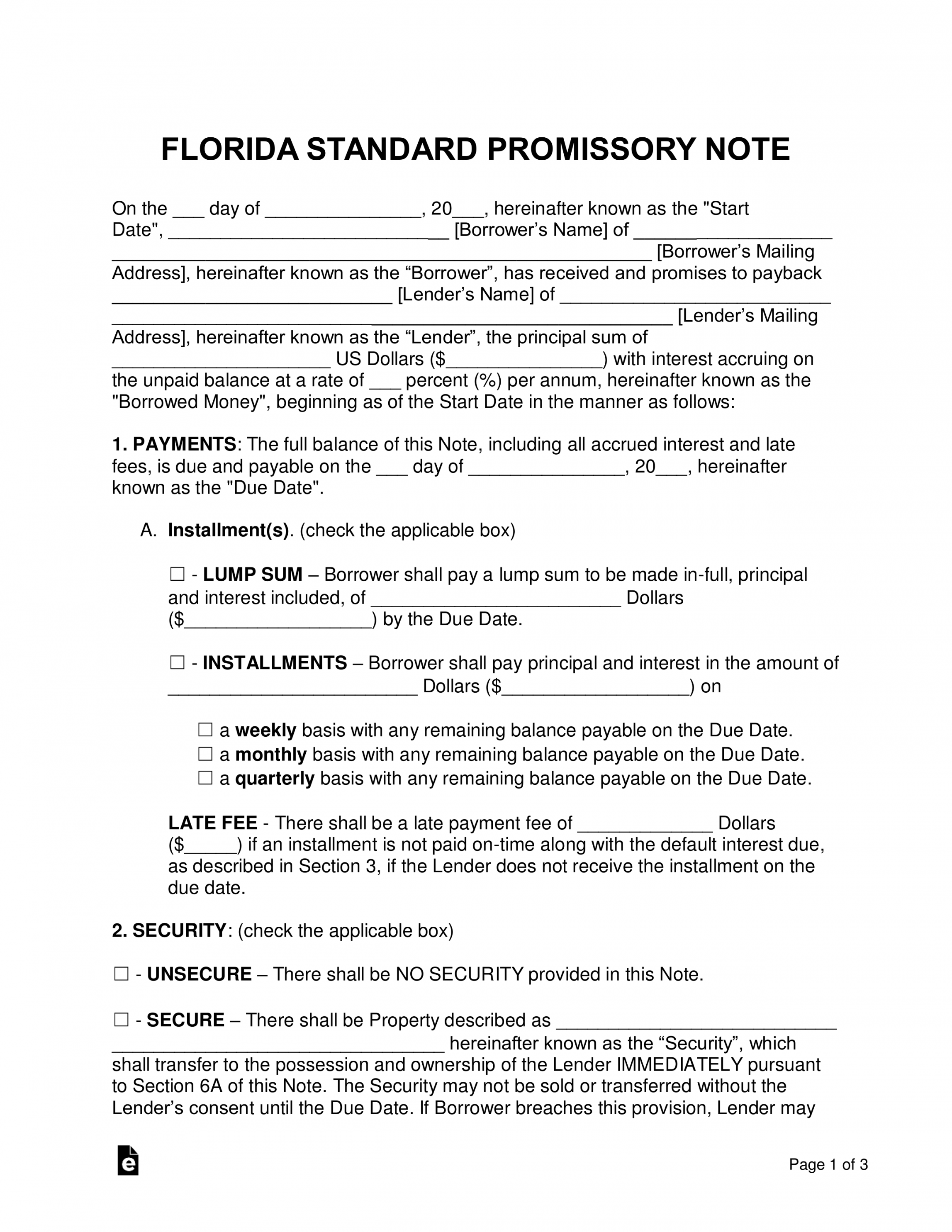 Free Florida Promissory Note Templates () - PDF  Word – eForms