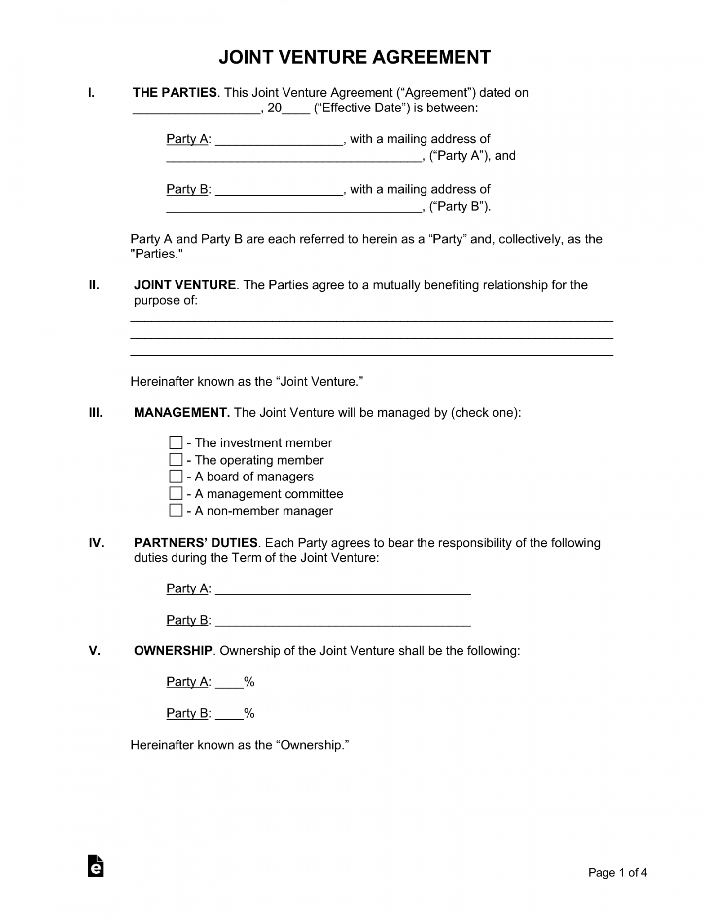 Free Joint Venture Agreement Template - PDF  Word – eForms