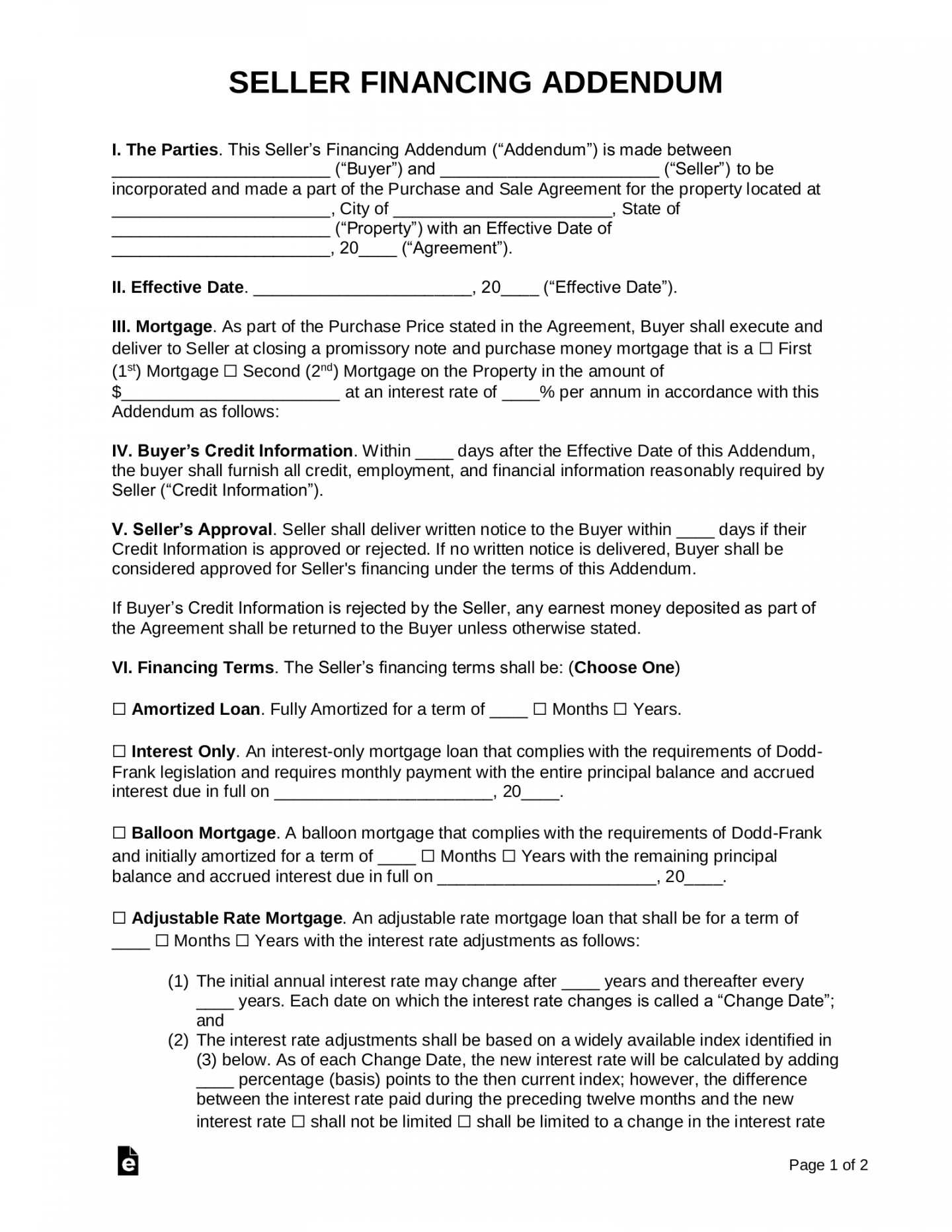 Free Seller Financing Addendum to Purchase Agreement - PDF  Word