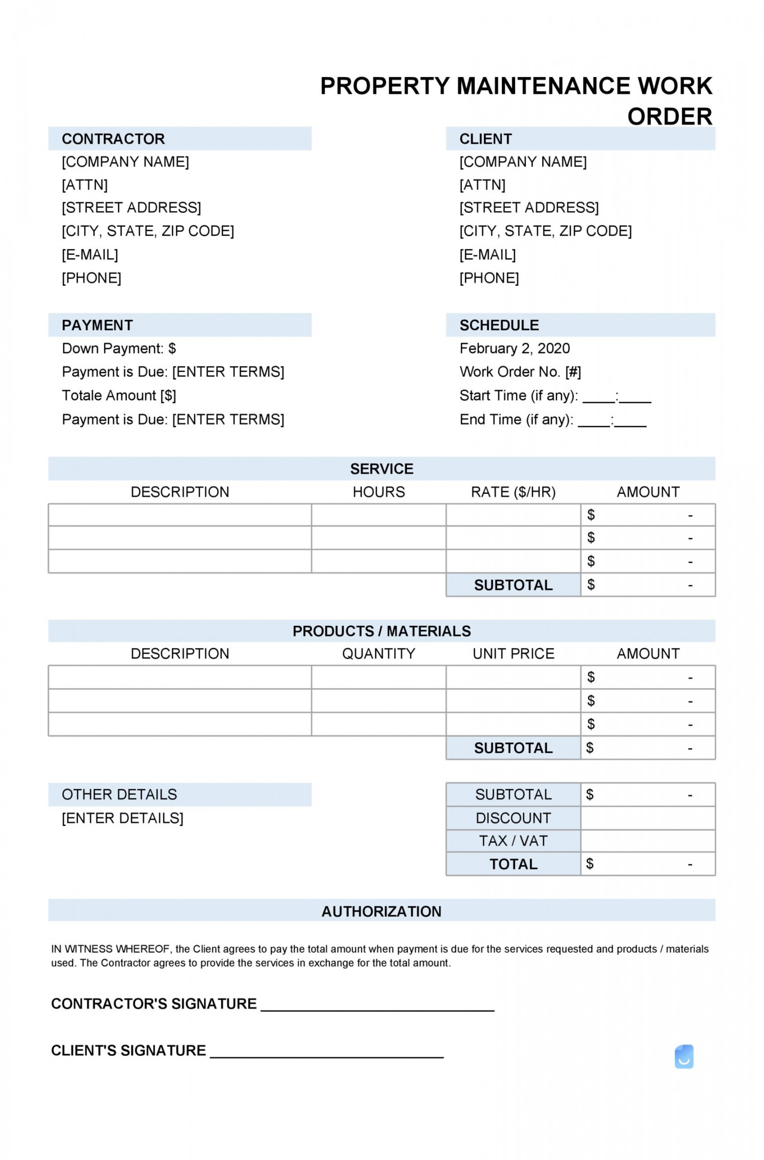 Printable Work Order Templates (Excel, Word, PDF)