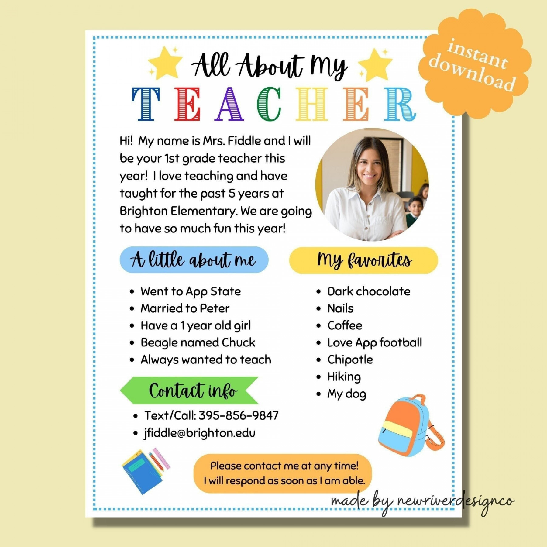 All About My Teacher Template Meet the Teacher Printable Get - Etsy UK