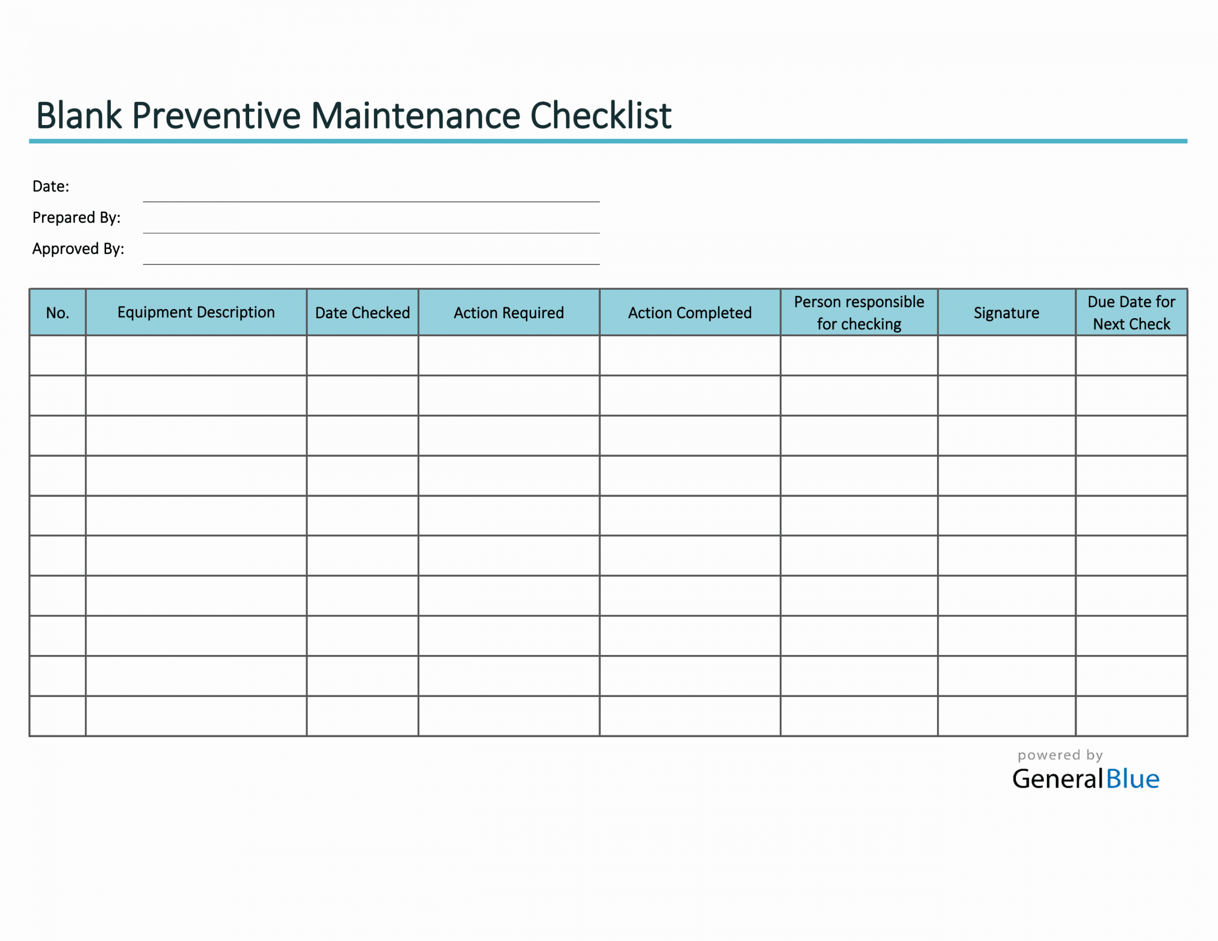 Blank Preventive Maintenance Checklist in Excel