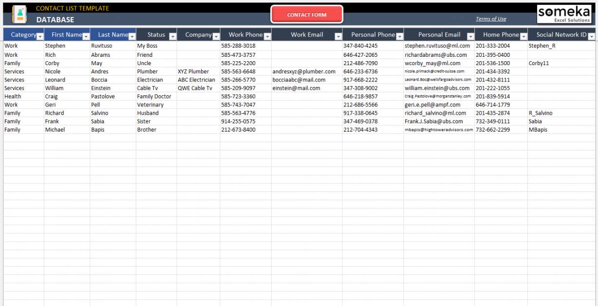 Contact List Excel Template