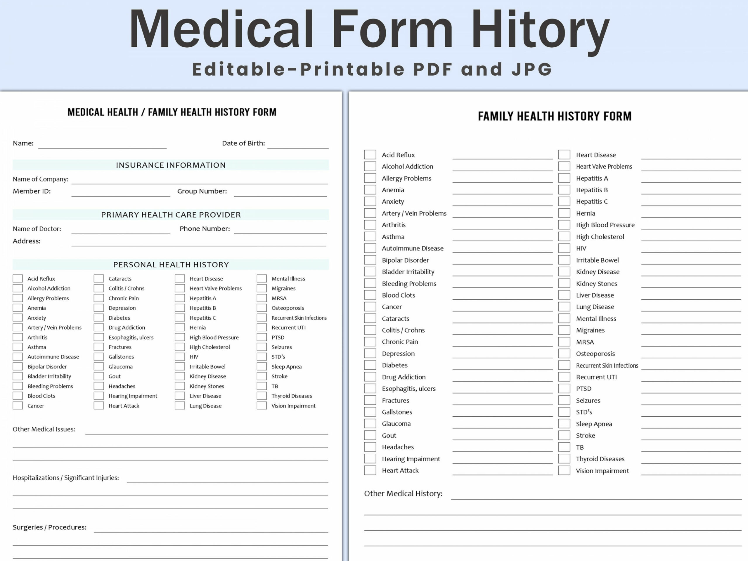 Editable Medical History Form Family Medical History Form - Etsy