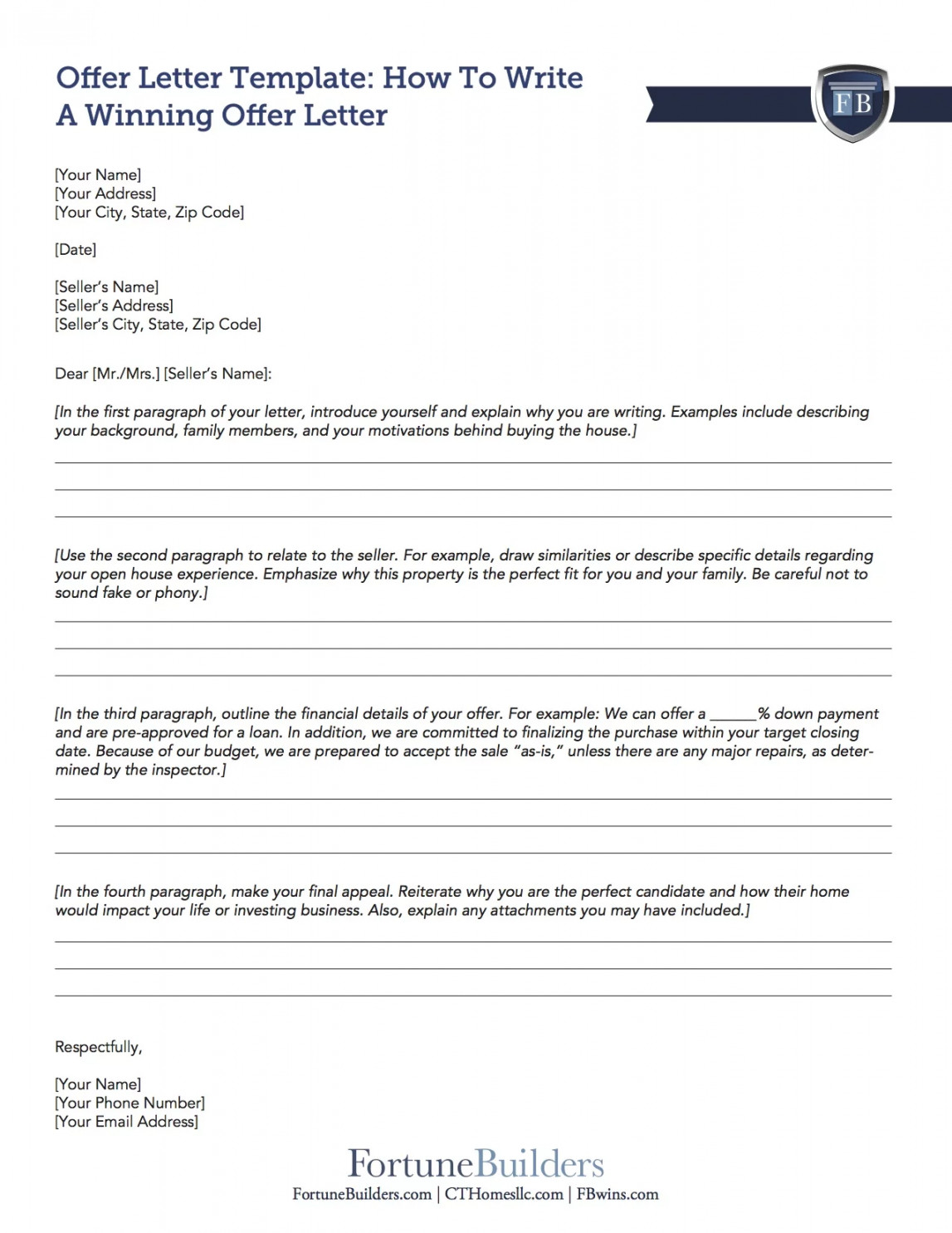 Free Real Estate Offer Letter Template  FortuneBuilders