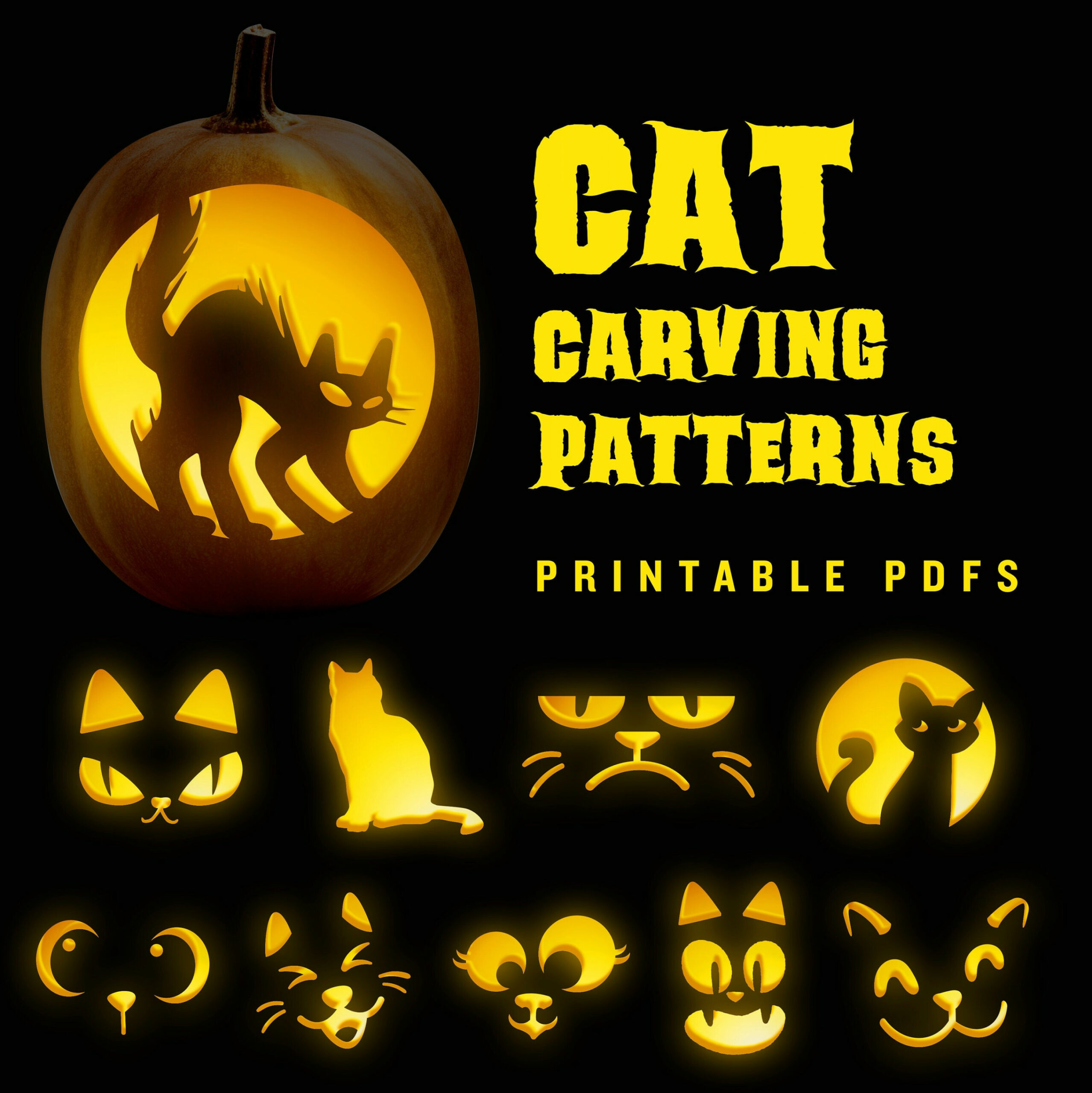 Halloween Cat Pumpkin Carving Jack-o-lantern Patterns / - Etsy