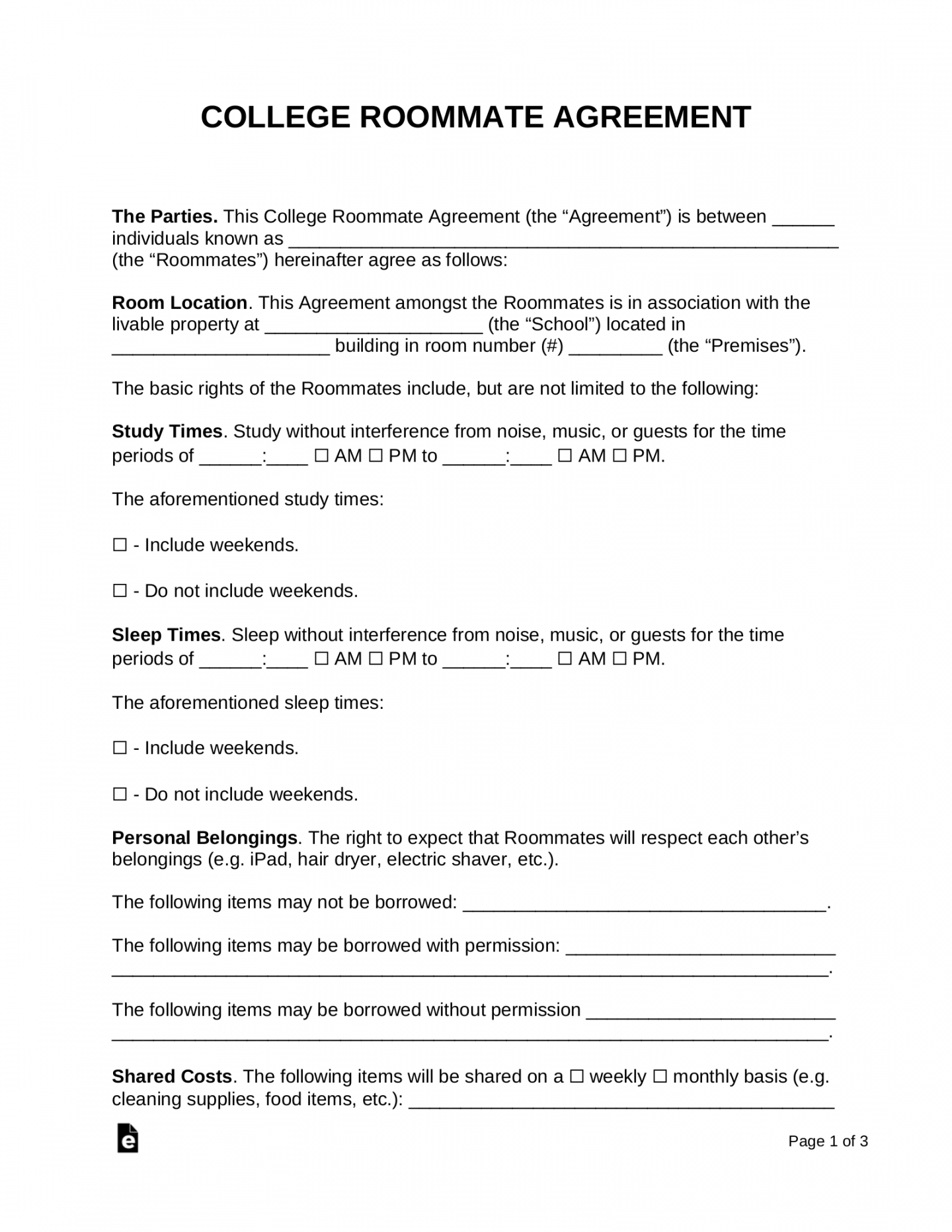 Free College Roommate Agreement  Dorm Room - PDF  Word – eForms