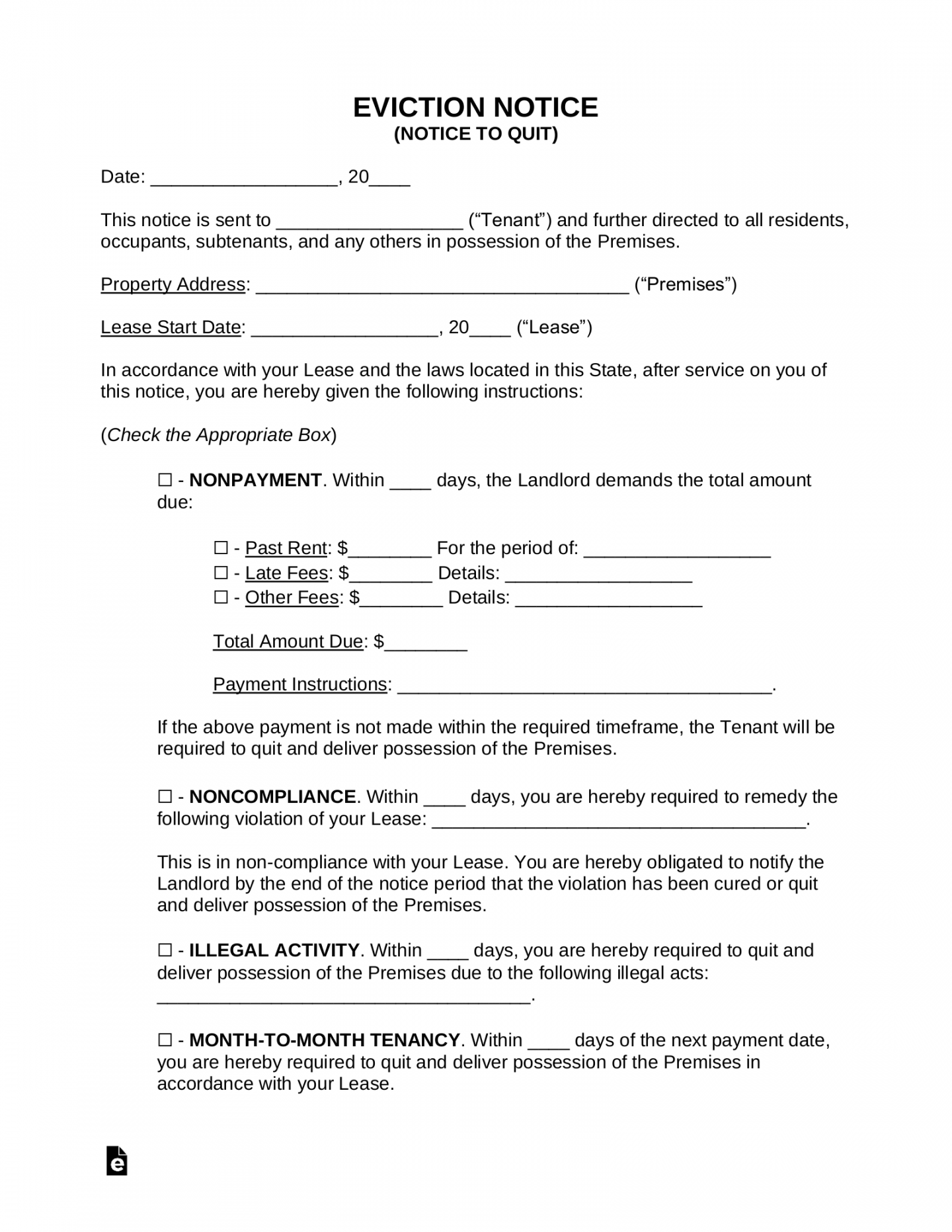 Free Eviction Notice Template (Notice to Quit) - PDF  Word – eForms