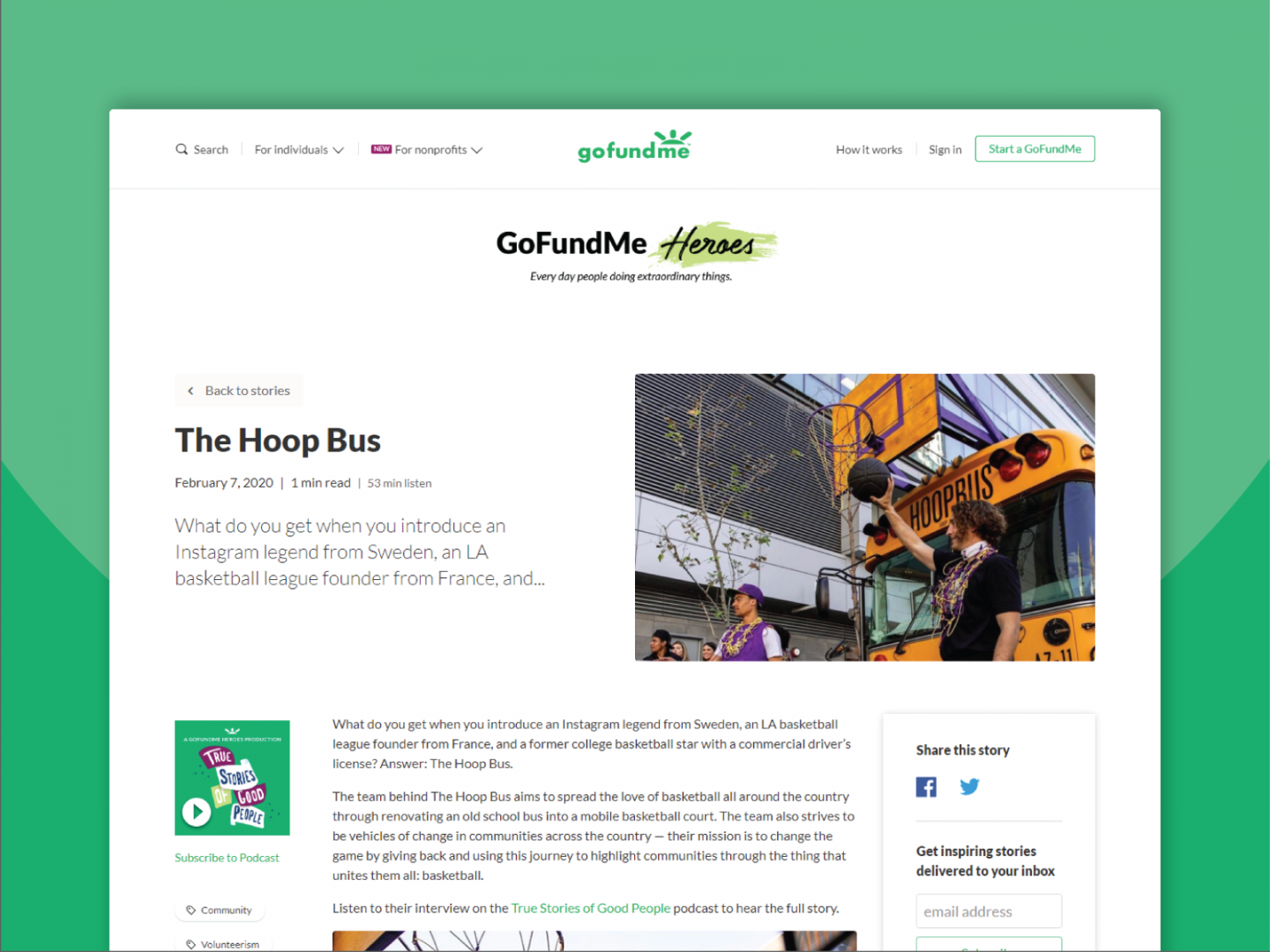 GoFundMe Heroes — Article template by Keenan Payne on Dribbble