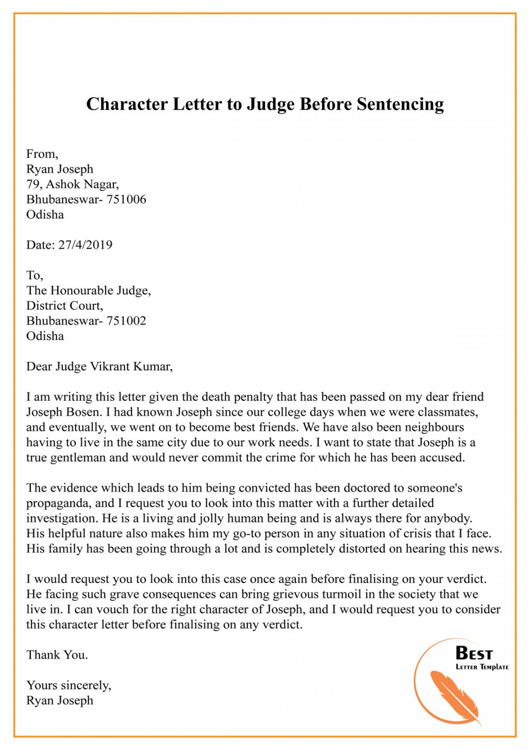 Awesome Sample Character Letter To Judge Before Sentencing And