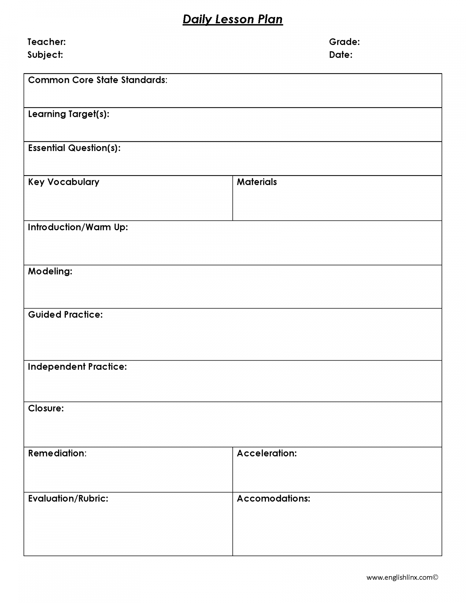 Daily Lesson Plan Template  Ela lesson plan template, Daily