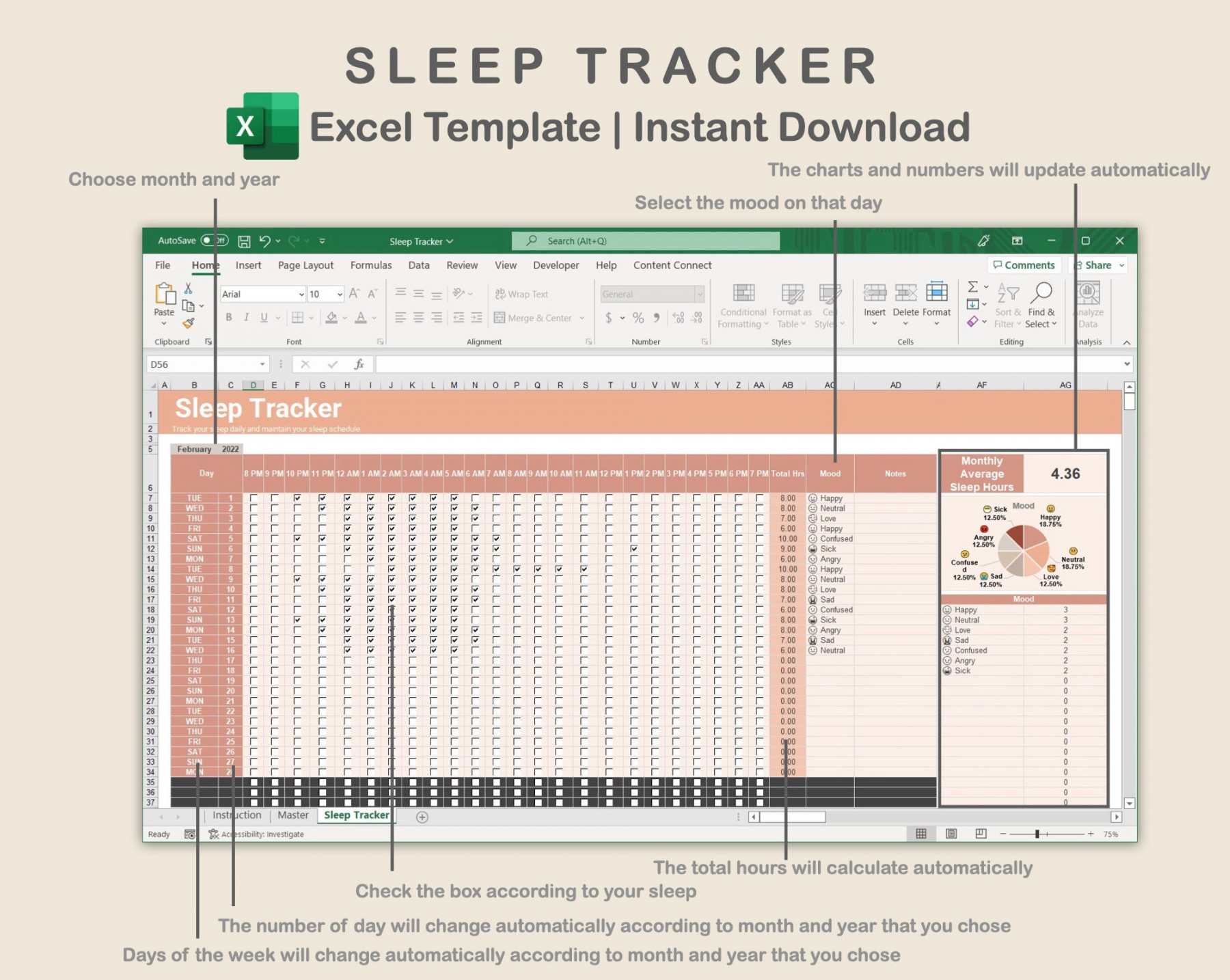 Excel Sleep Tracker Sleep Tracker Spreadsheet Template Daily - Etsy