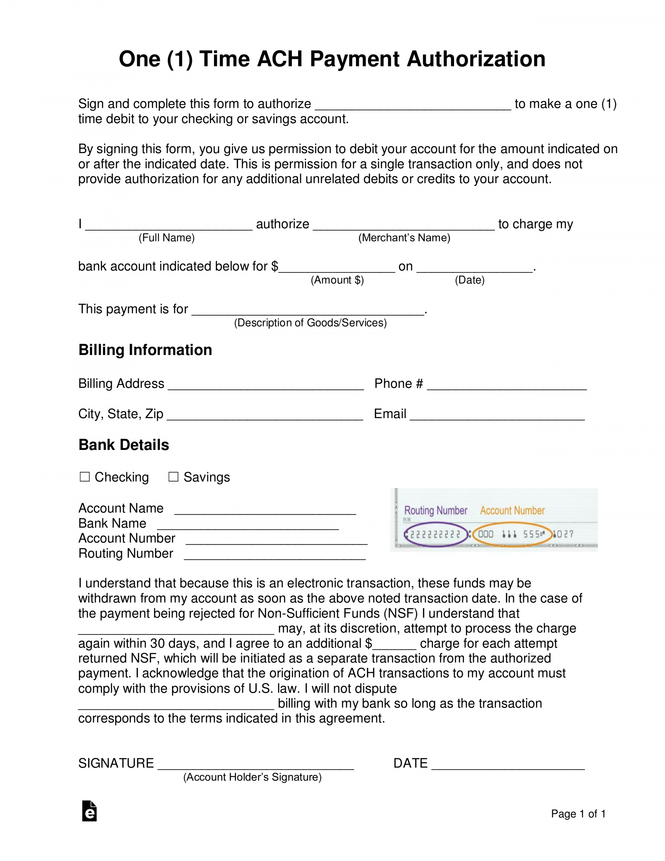 Free One () Time ACH Payment Authorization Form - PDF  Word – eForms