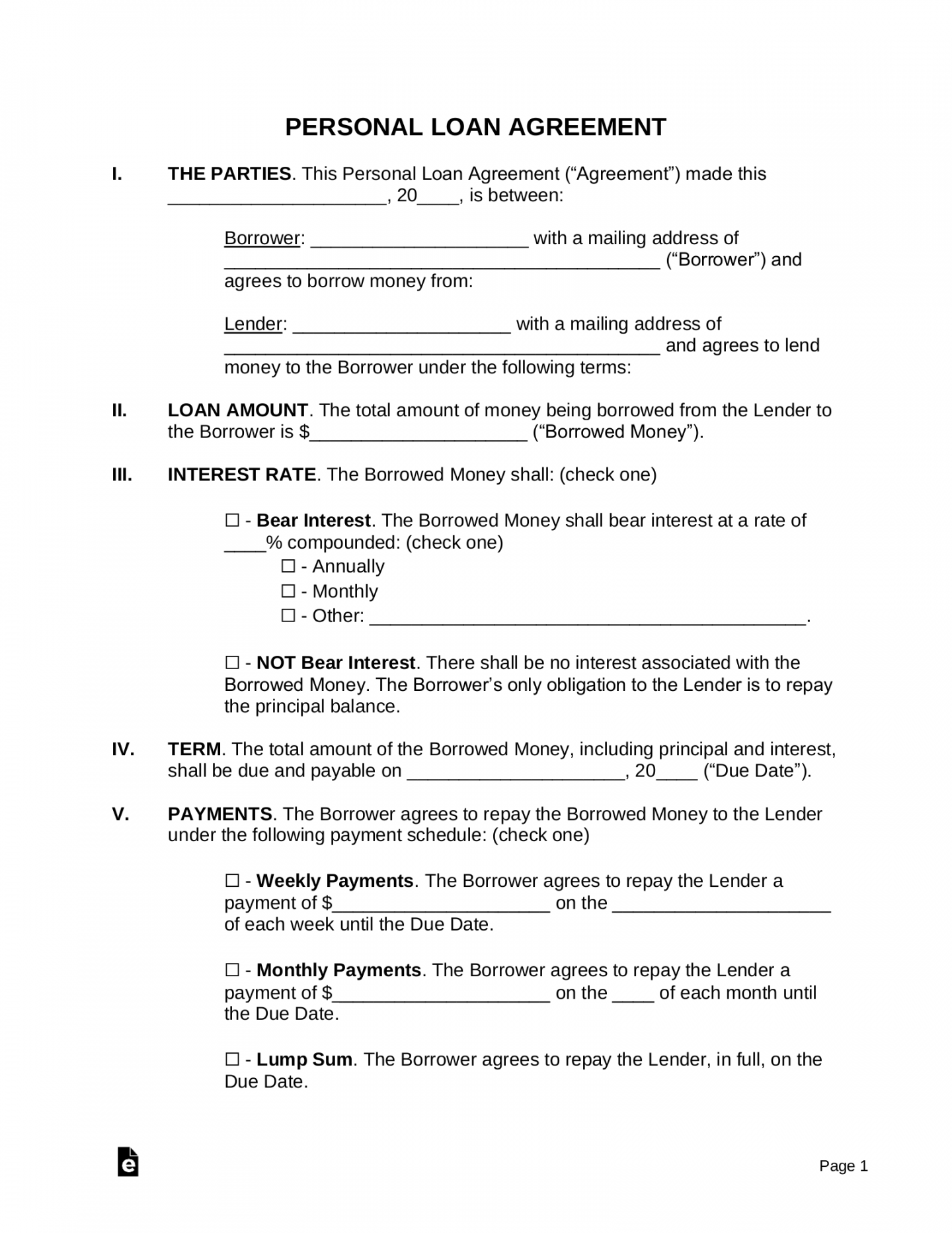 Free Personal Loan Agreement Template  Sample - PDF  Word – eForms