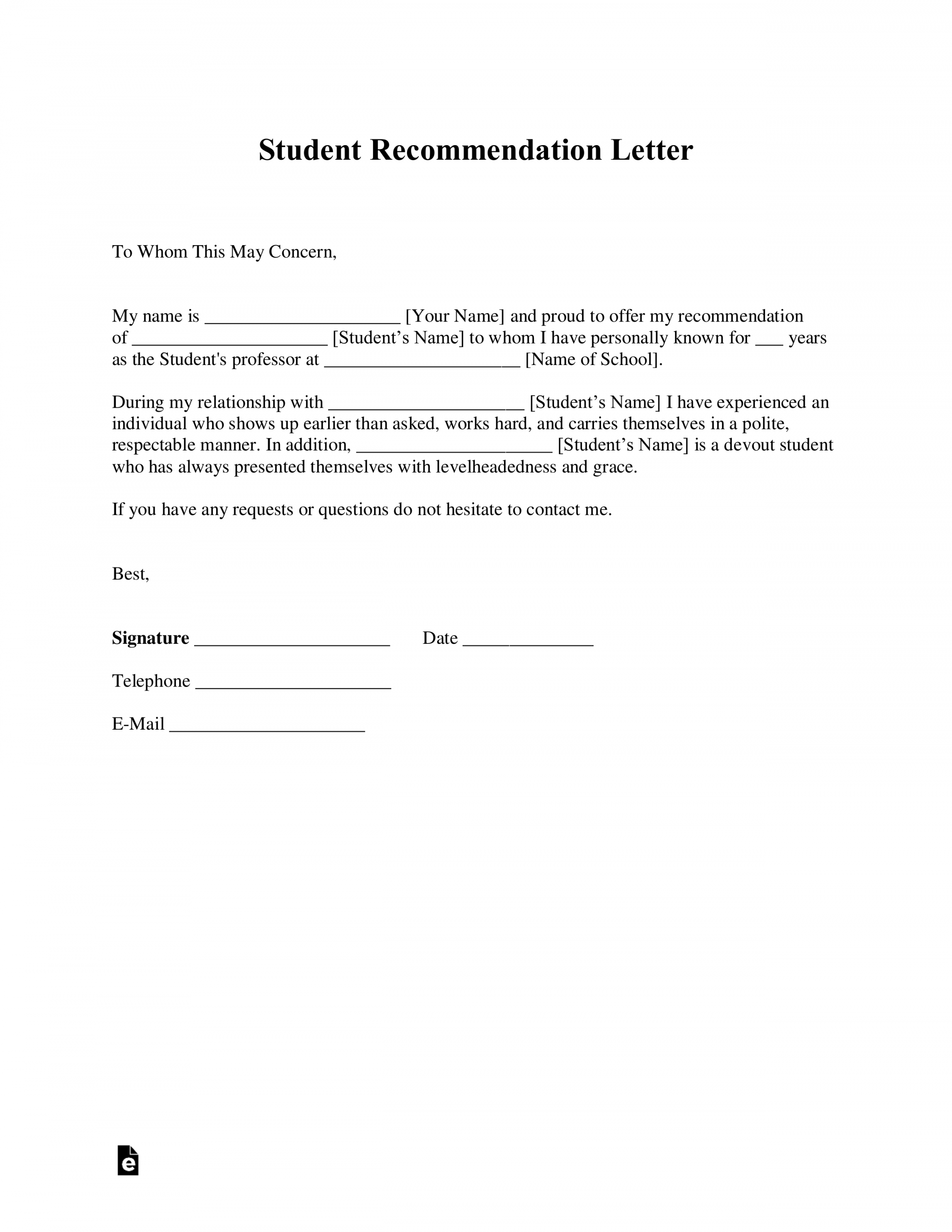 Free Student Recommendation Letter Template - with Samples - PDF