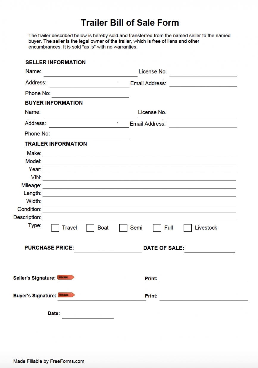 Free Trailer Bill of Sale Form  PDF