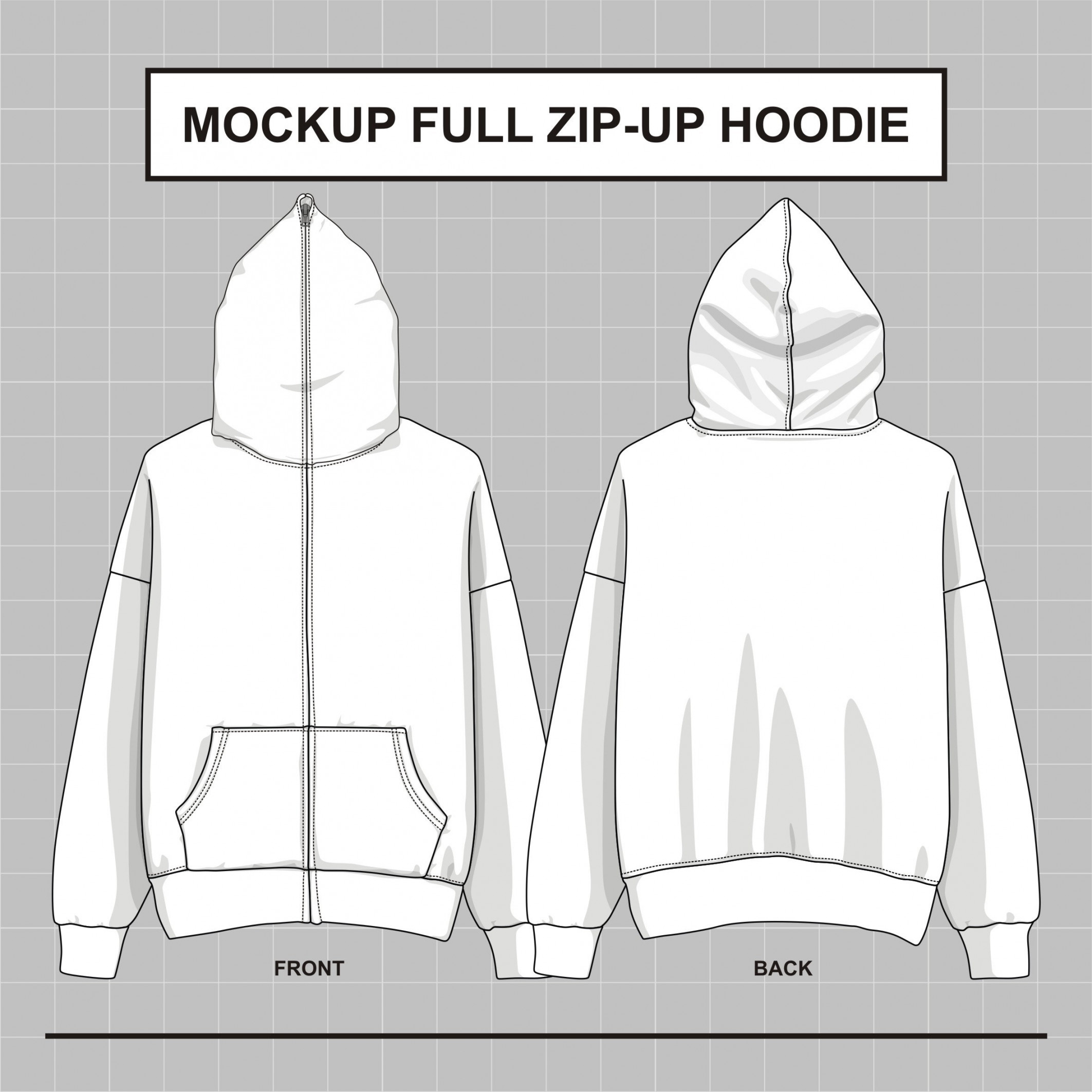 Vektor Mockup Full Zip Hoodie über Gesicht Illustrator, EPS, PDF und PNG