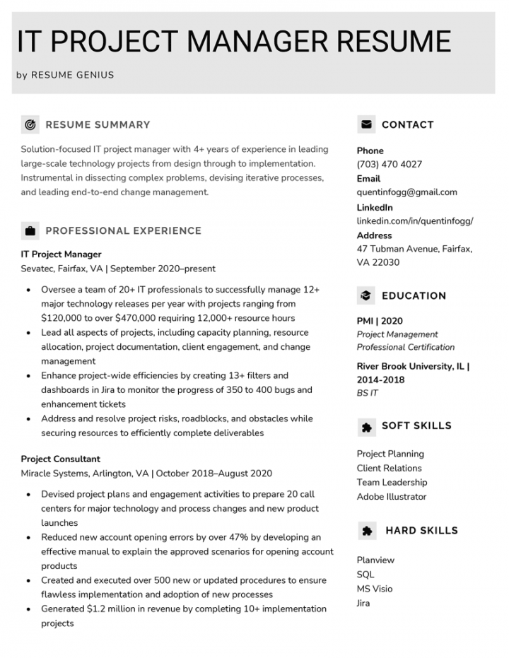 IT Project Manager Resume  Sample + Writing Tips