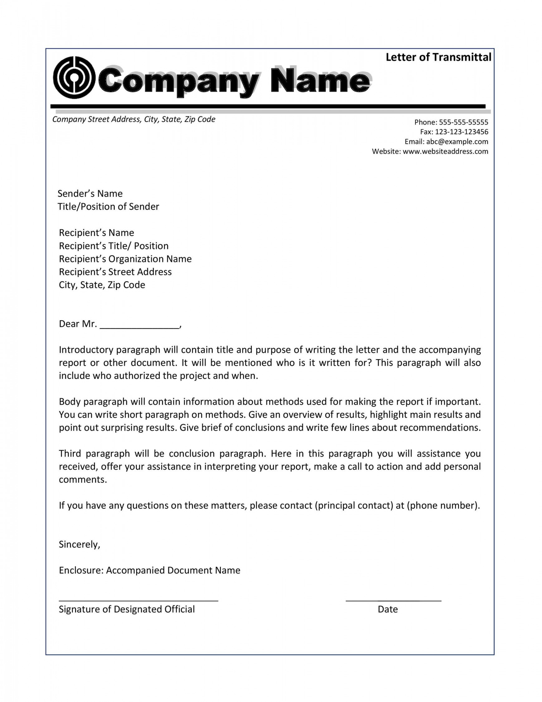 Letter of Transmittal - + Great Examples & Templates ᐅ TemplateLab