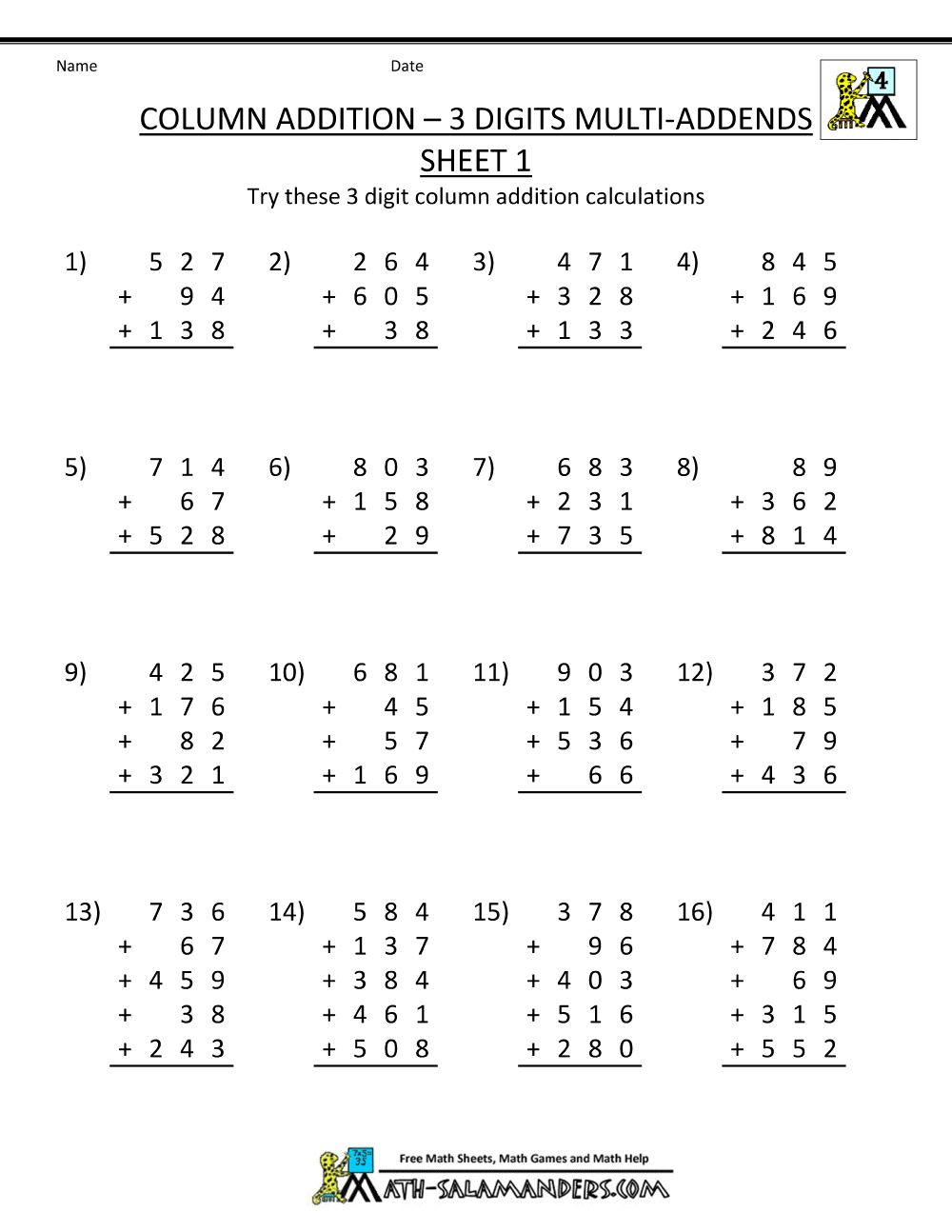 30 Addition Worksheets For 4Th Grade