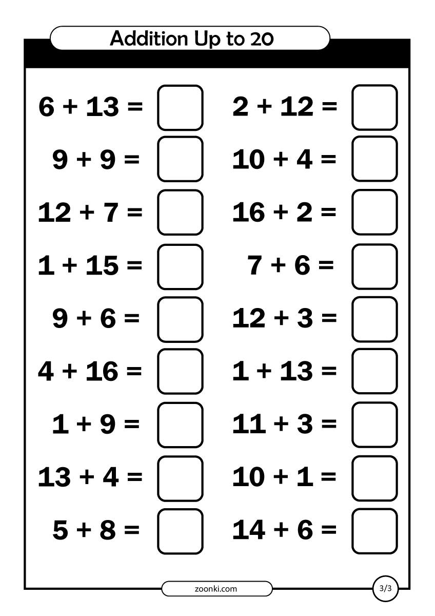 30 Addition Worksheets Till 20