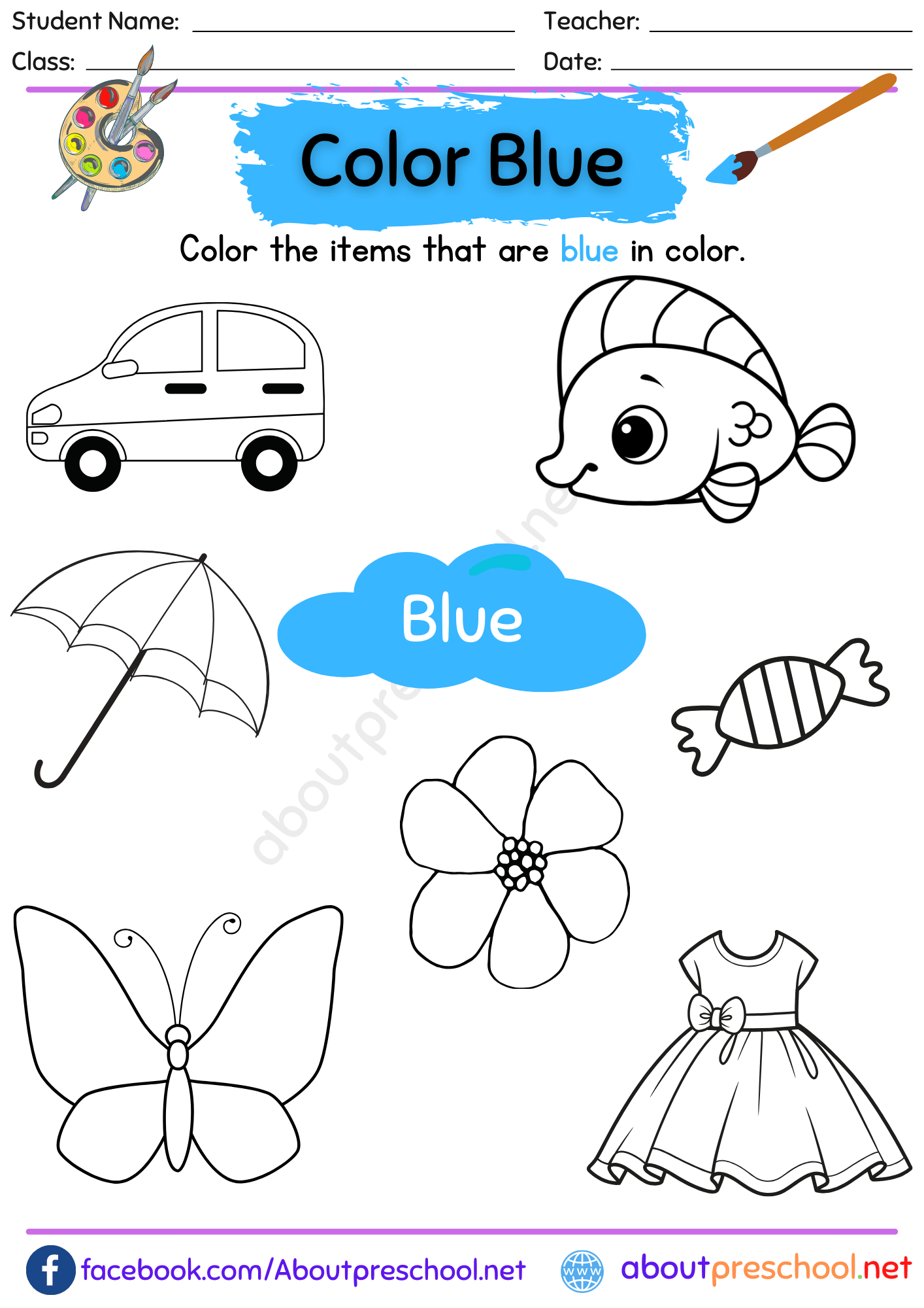 30 Color Blue Worksheets For Kindergarten